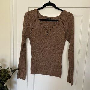 Effeci Cotton Brown Knit Sweater Top with Button Detail, Sz S